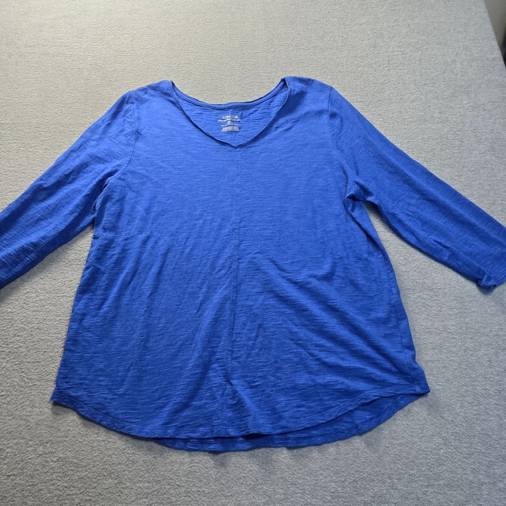 Chicos Blue V Neck Ultimate Tee Women Size 3 Tunic Top 3/4 Sleeve Casual everyda
